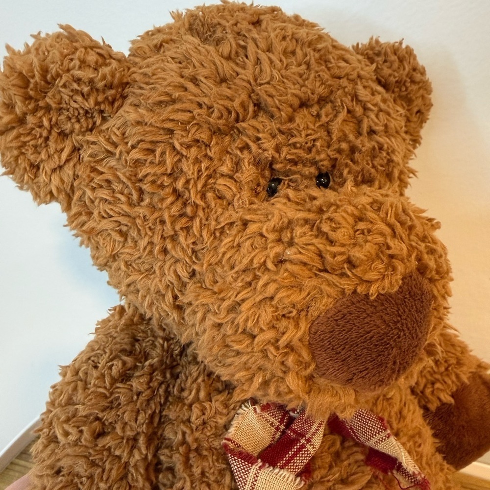Vintage Brown Teddy Bear Plush w/ Plaid Bow - Stuffed Animal - Picture 3 of 4